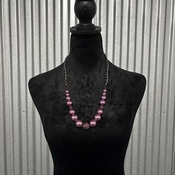 Purple Beaded Statement Necklace Rhinestone Accents Adjustable Chain Bold - Picture 3 of 5